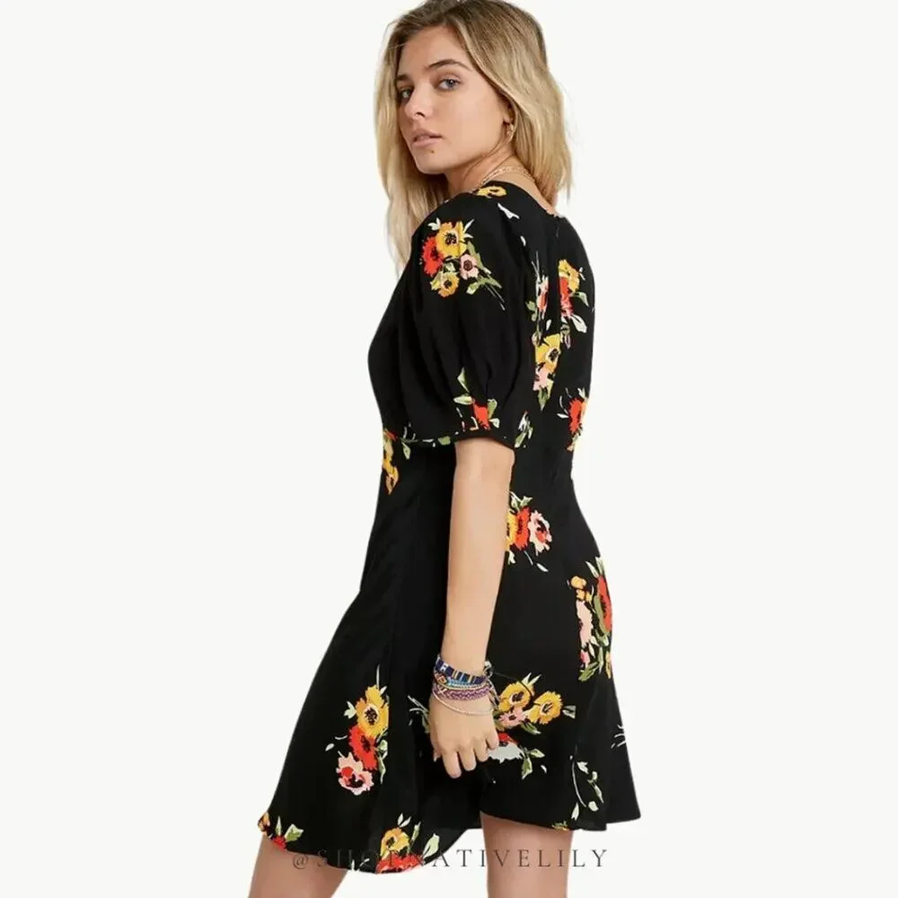 Free People Neon Garden Floral Mini Dress Size 4 Boho Puff Sleeve